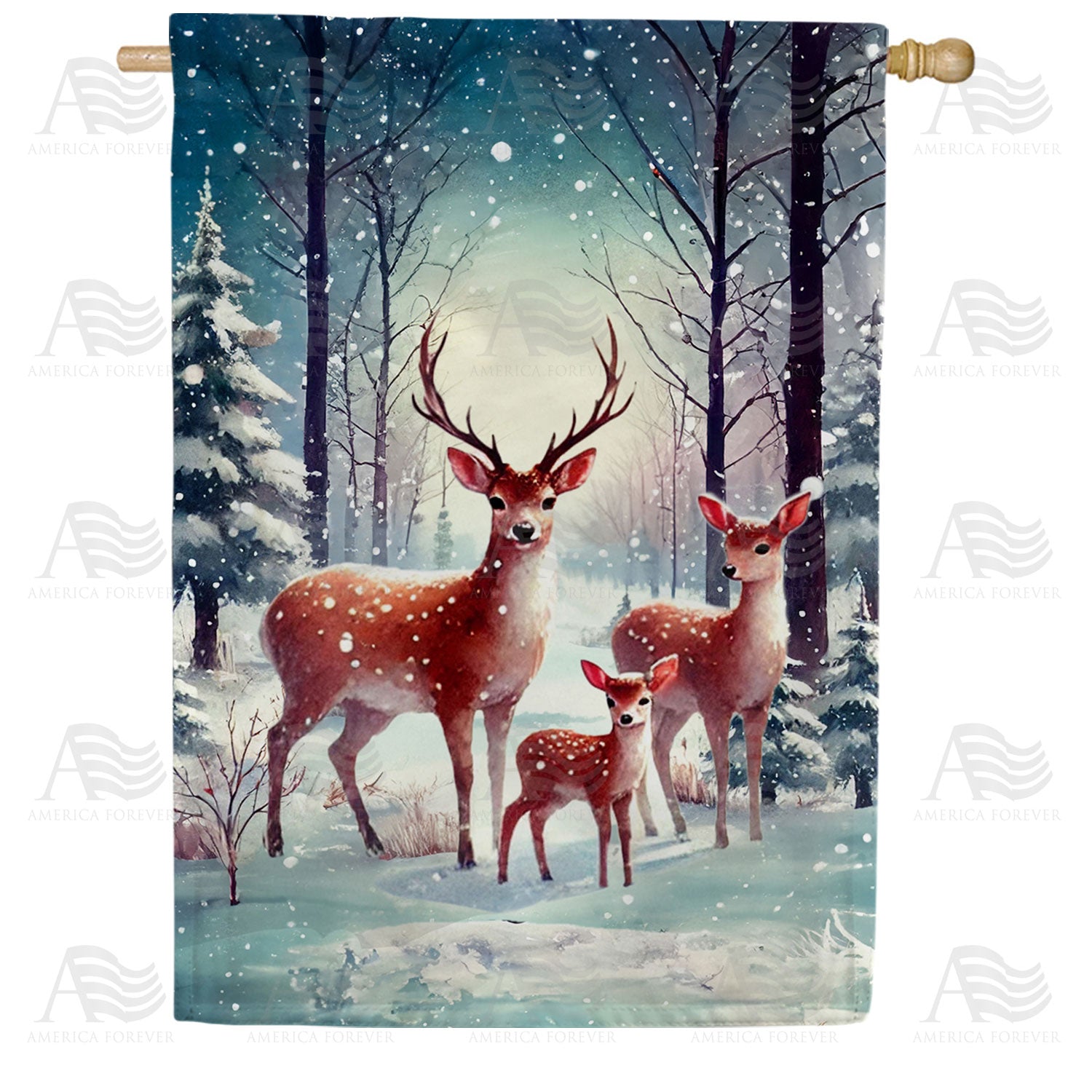 America Forever Deer Family Winter Forest Scene House Flag