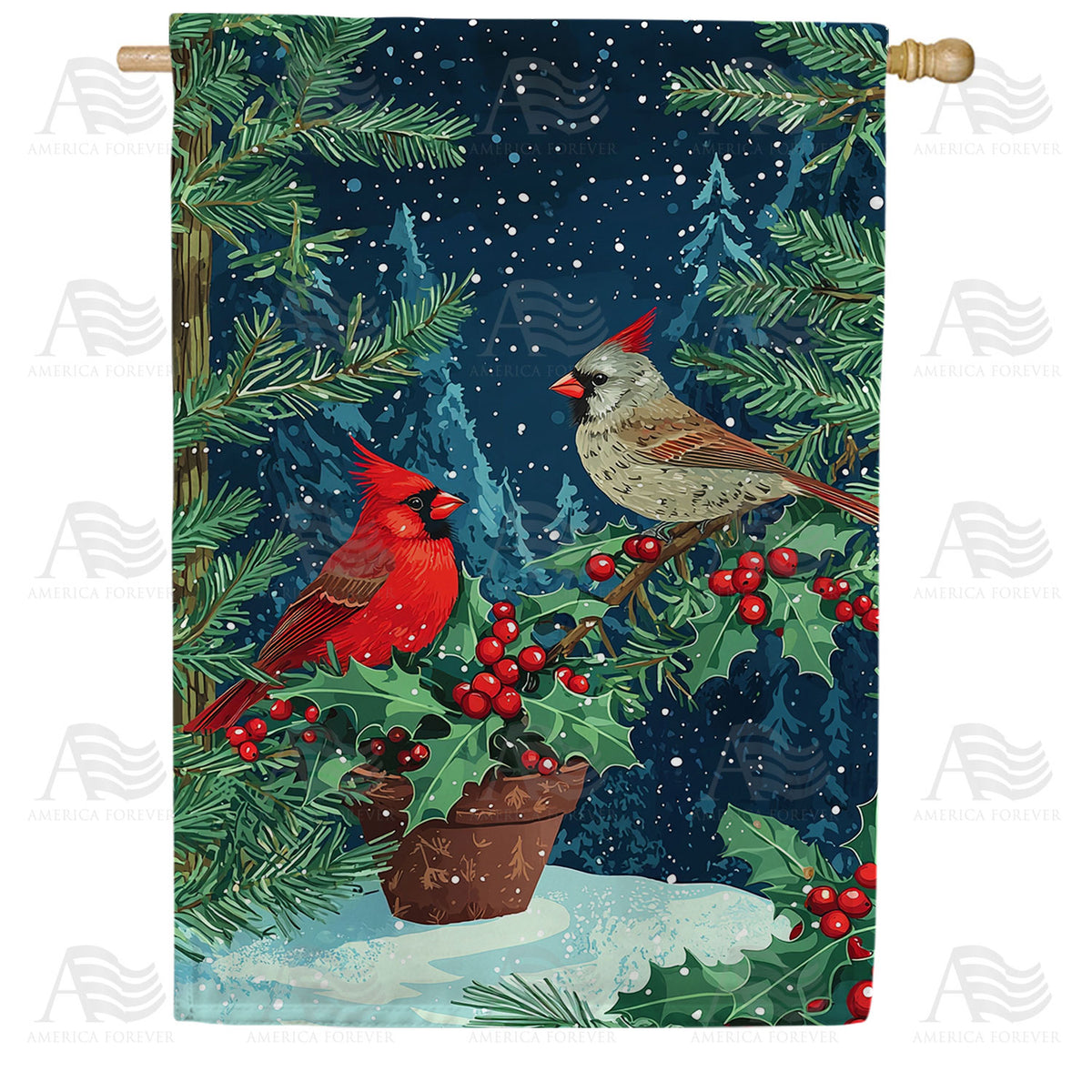 America Forever Winter Cardinals Holly Berries House Flag