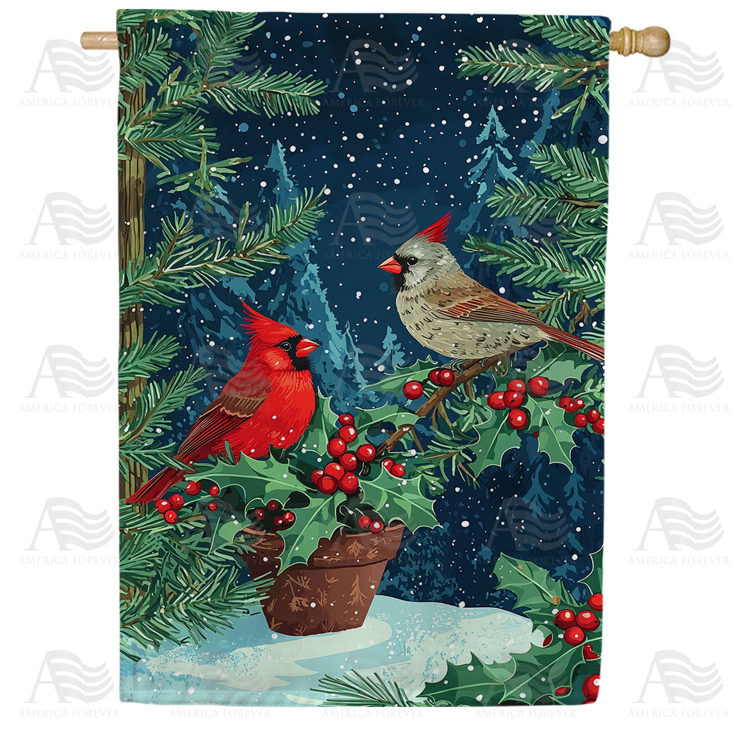 America Forever Winter Cardinals Holly Berries House Flag