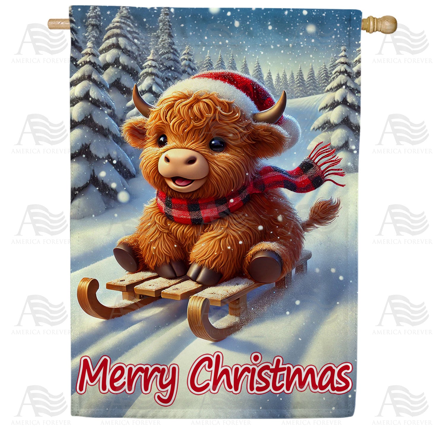 America Forever Christmas Highland Cow on Sled House Flag