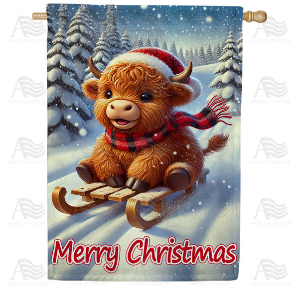 America Forever Christmas Highland Cow on Sled House Flag