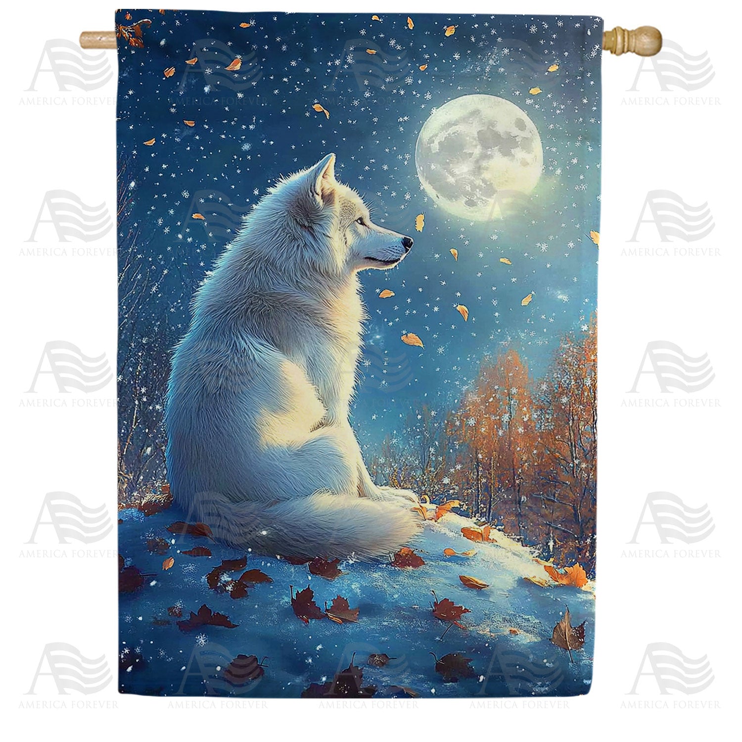 America Forever Peaceful Wolf Moonlight Autumn House Flag