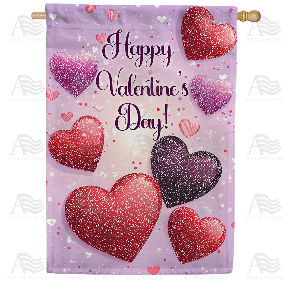America Forever Happy Valentine's Day Glitter Hearts House Flag