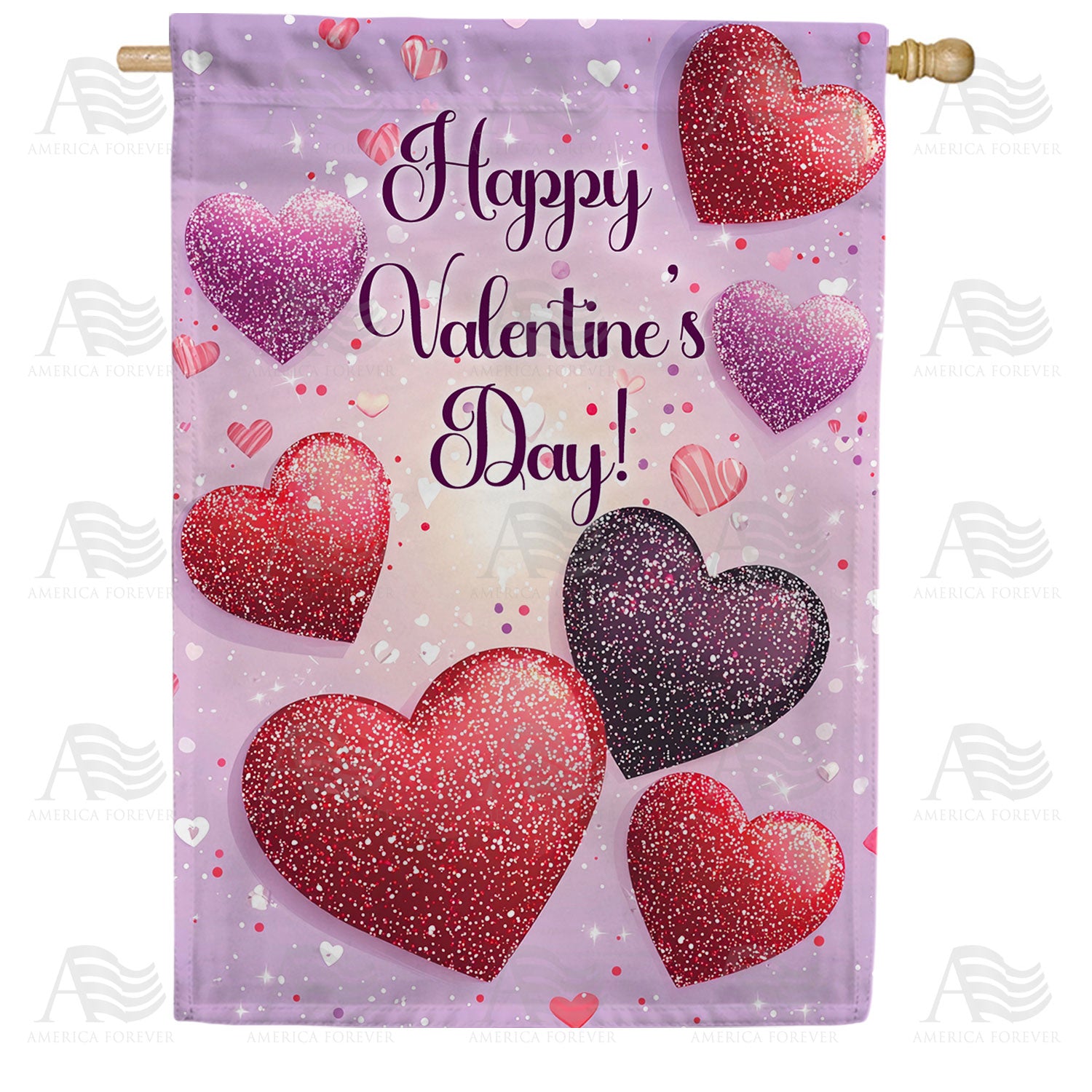 America Forever Happy Valentine's Day Glitter Hearts House Flag