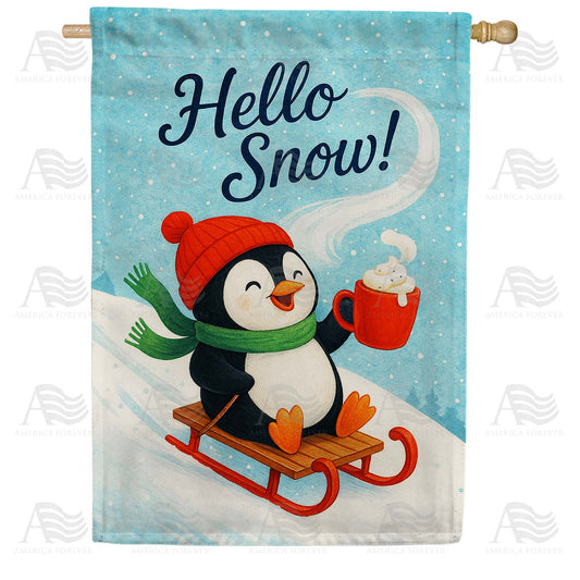 Hello Snow Penguin Sledding Winter House Flag