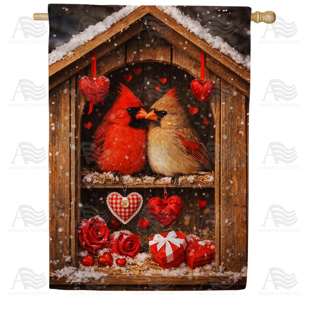 Cardinals Valentine Birdhouse House Flag