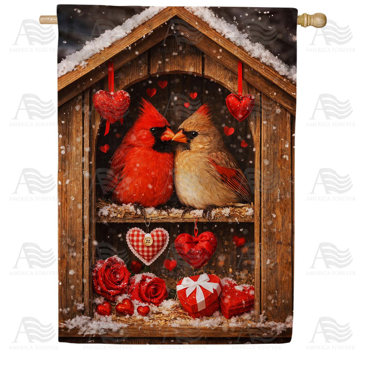 Cardinals Valentine Birdhouse House Flag