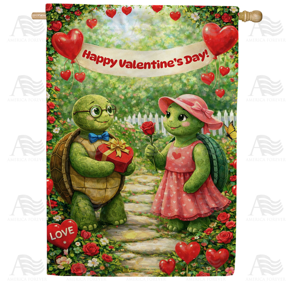 Happy Valentine's Day Turtle Couple Love House Flag