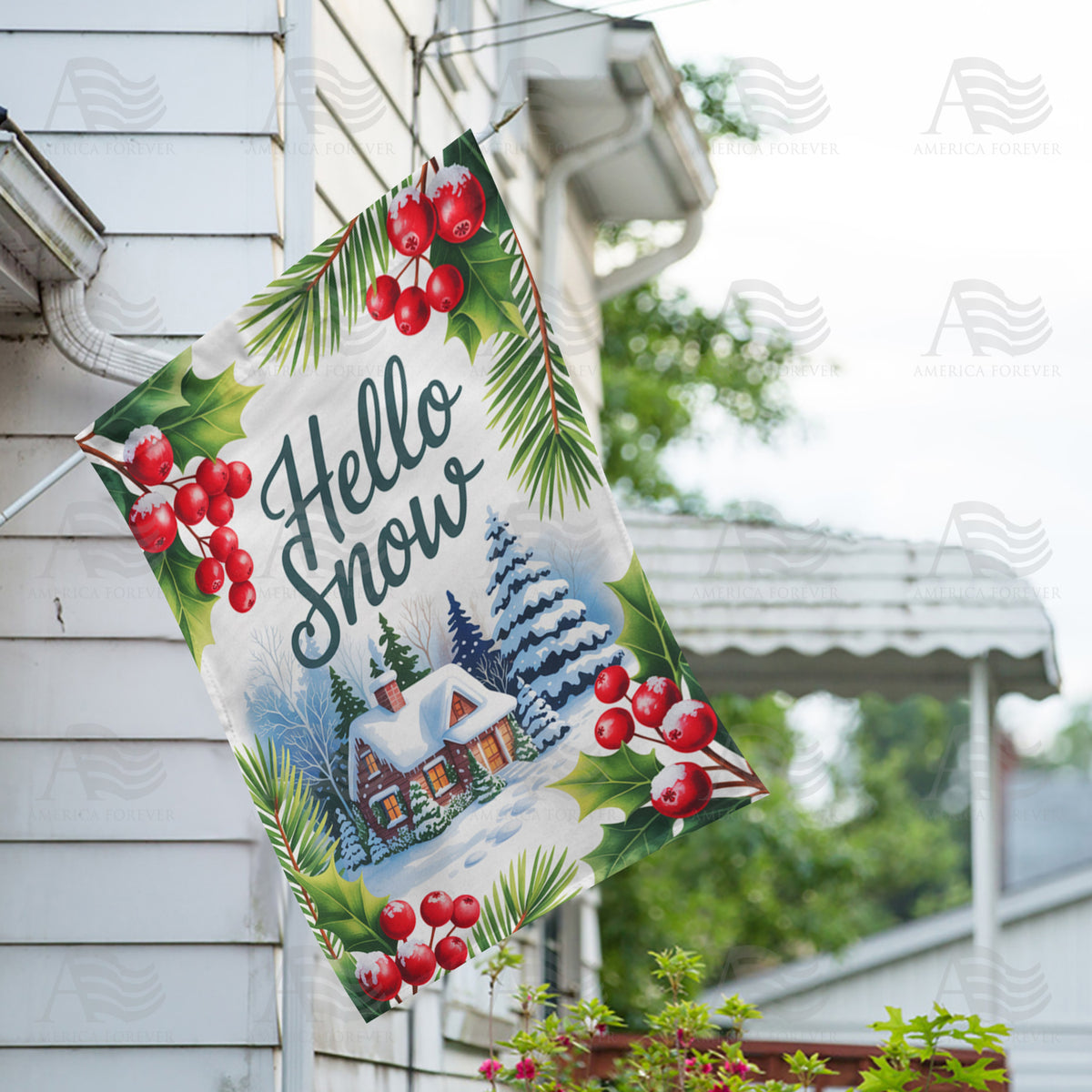 America Forever Hello Snow Winter Cottage Holly Berries House Flag