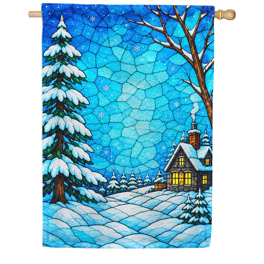 America Forever Stained Glass Winter Cabin Snow House Flag