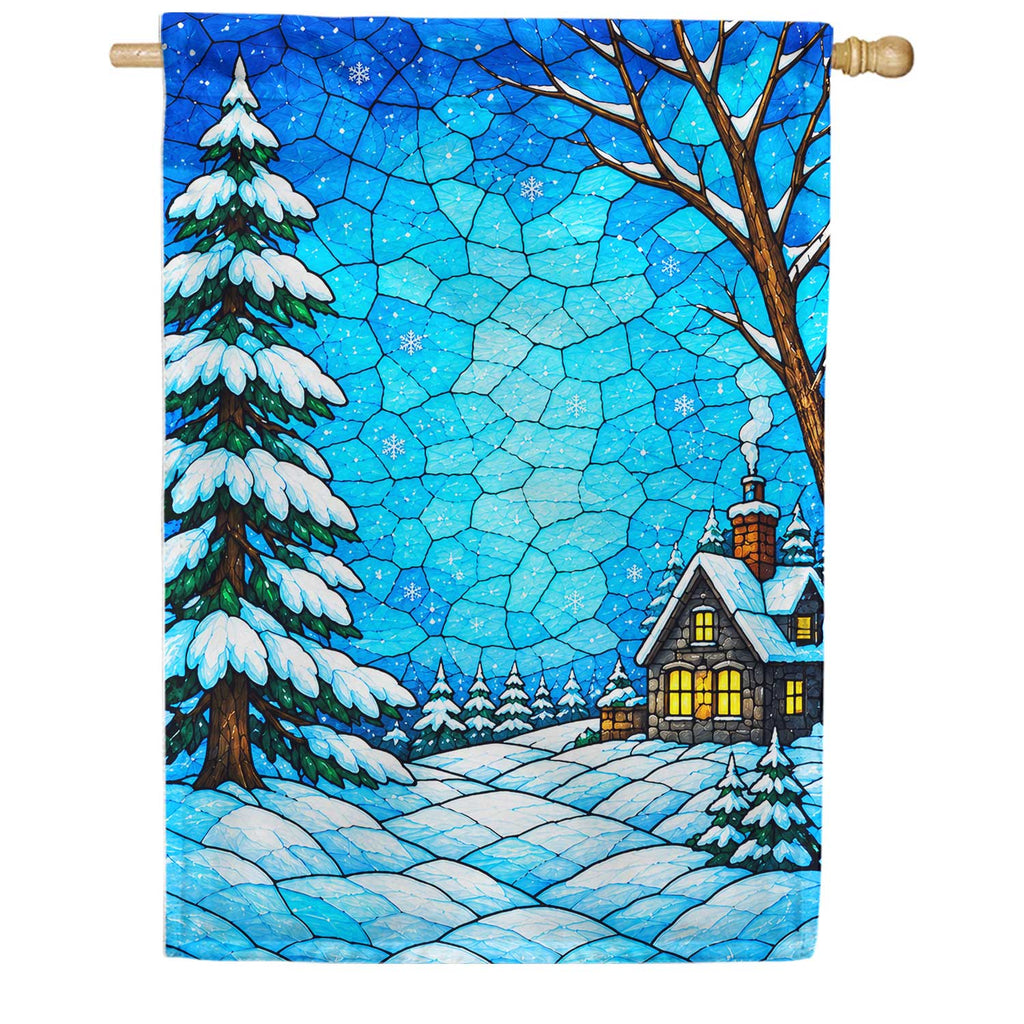 America Forever Stained Glass Winter Cabin Snow House Flag