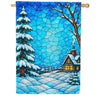 America Forever Stained Glass Winter Cabin Snow House Flag