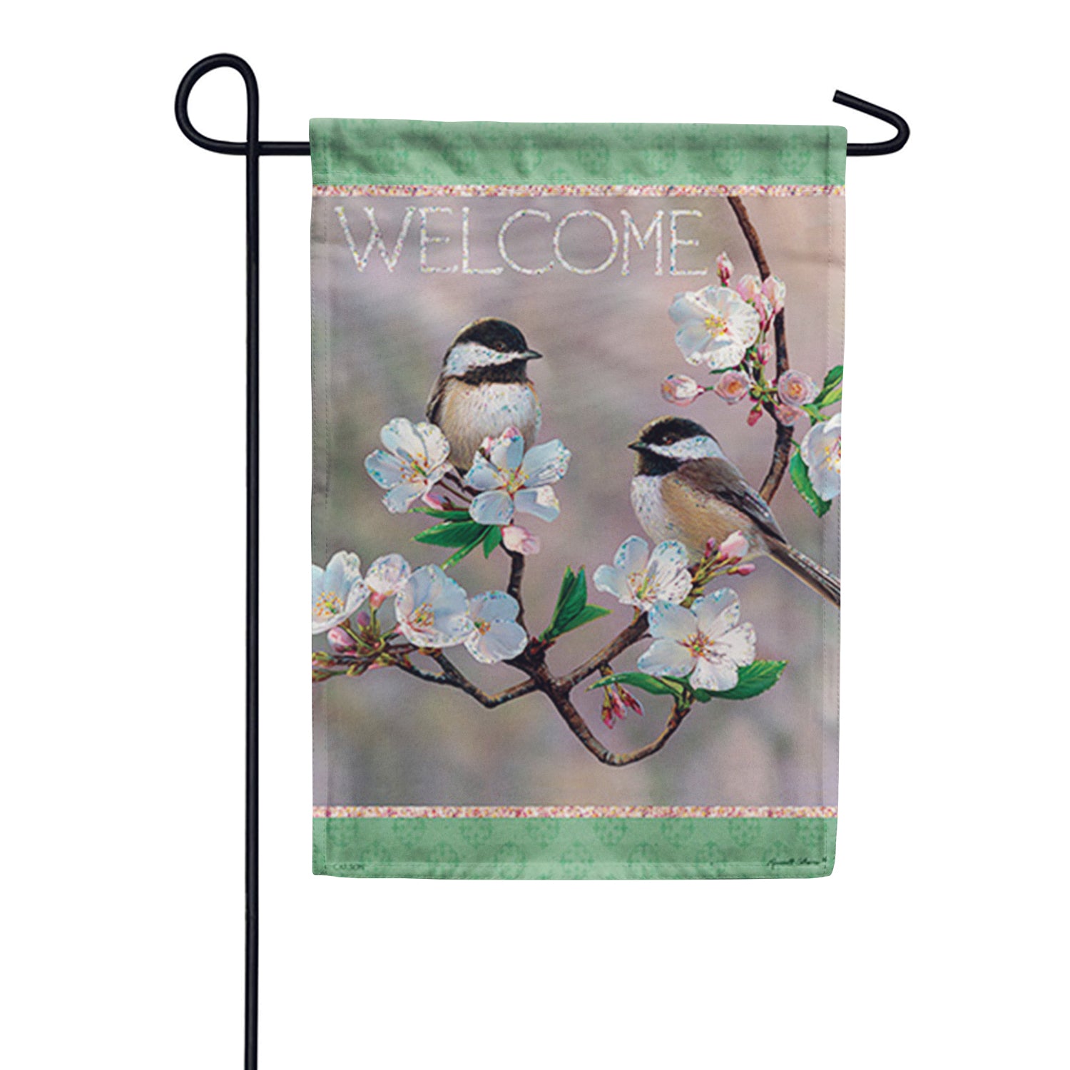 Carson Glittertrends Garden Flag - Cherry Blossom Chickadee