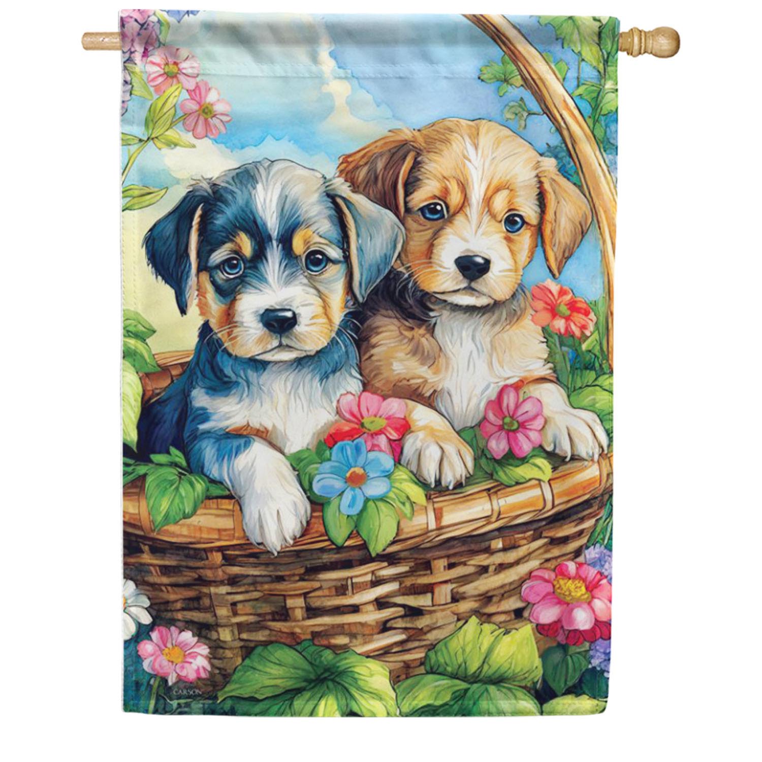 Carson Puppies in Basket House Flag