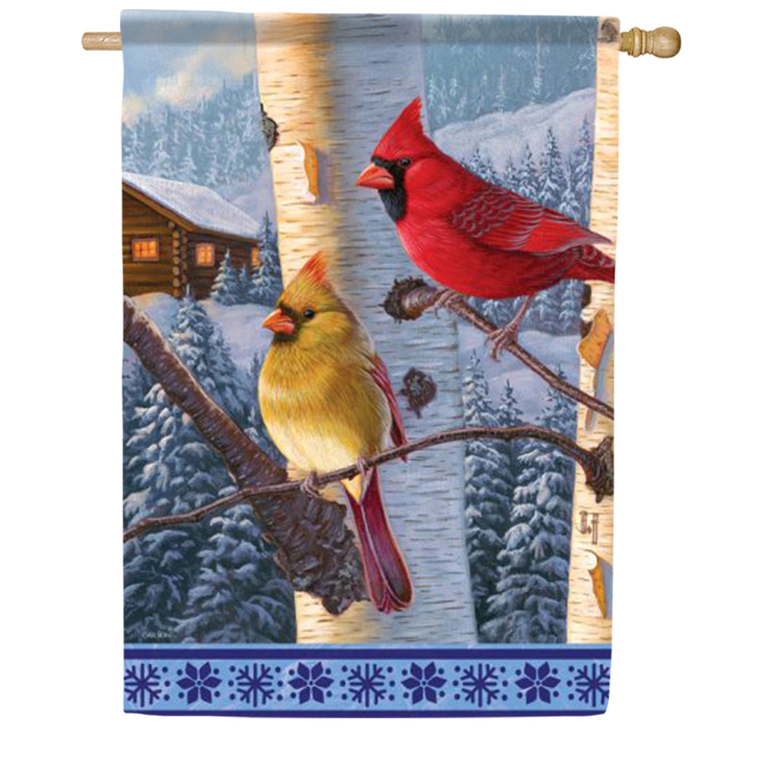 Carson Winter Cardinal Cabin House Flag