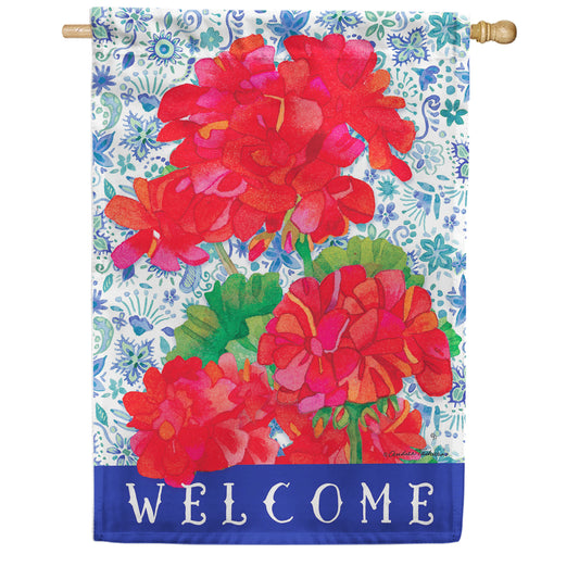 Custom Decor Geraniums Welcome House Flag