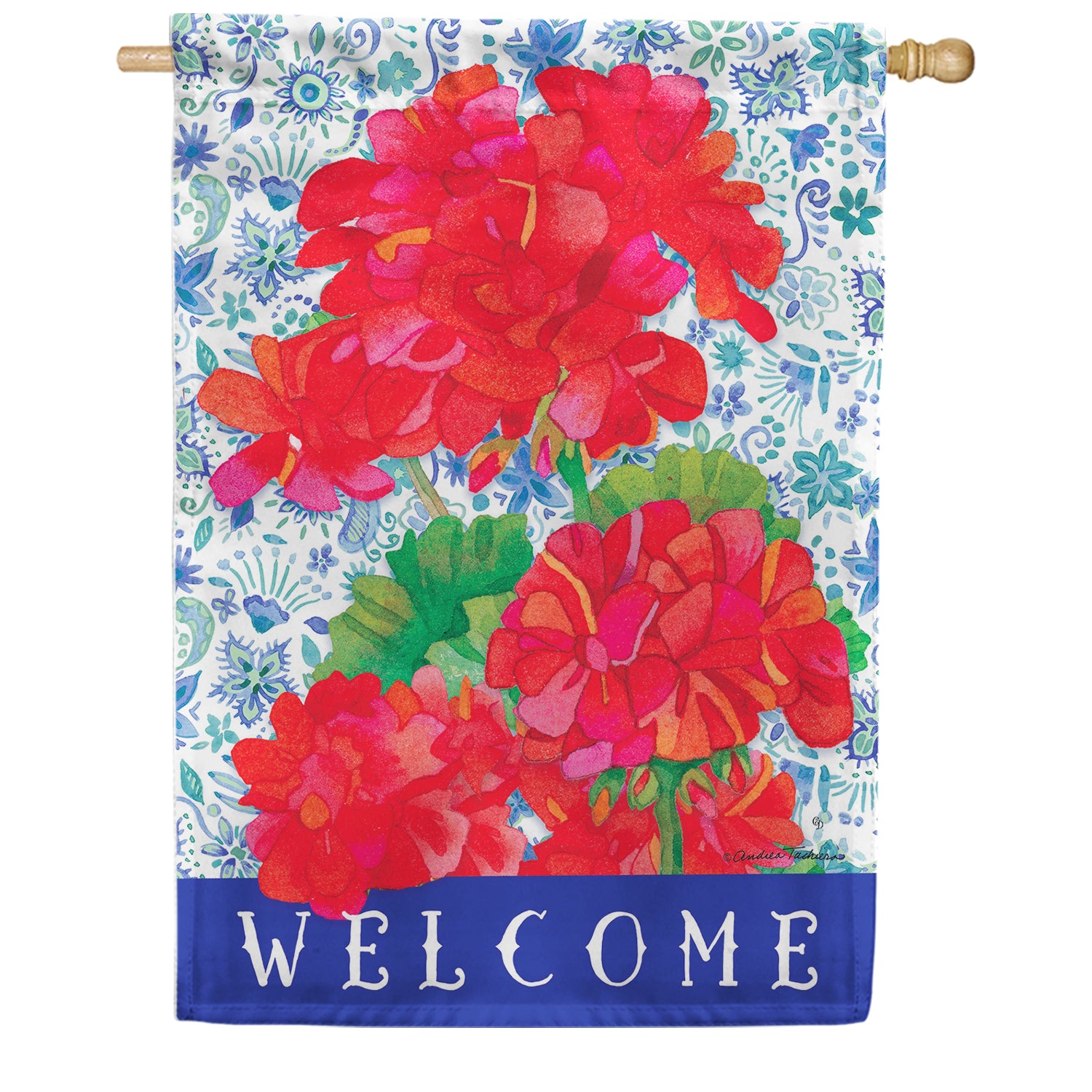 Custom Decor Geraniums Welcome House Flag