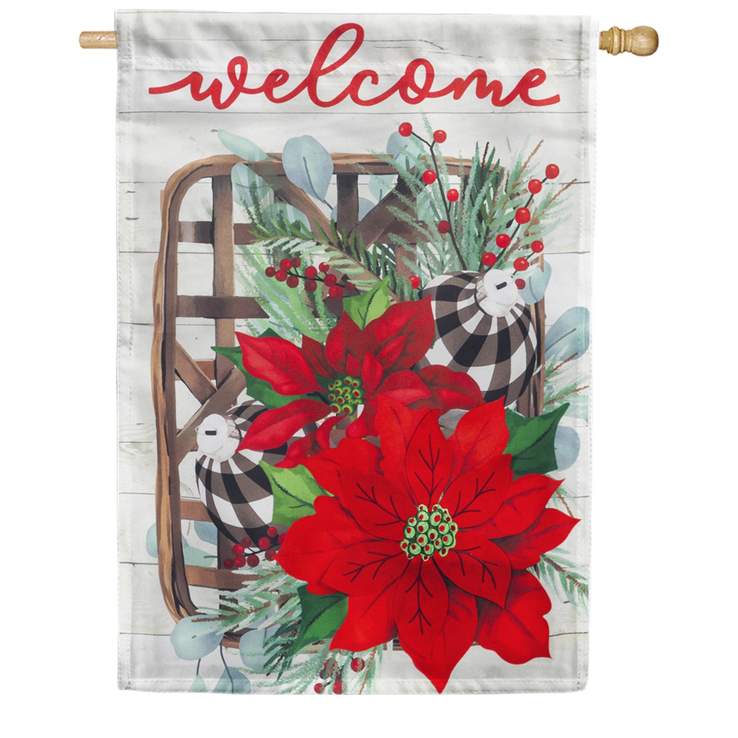 Evergreen Poinsettia Tobacco Basket Burlap House Flag