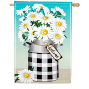 Evergreen Milk Can with Daisies Burlap House Flag