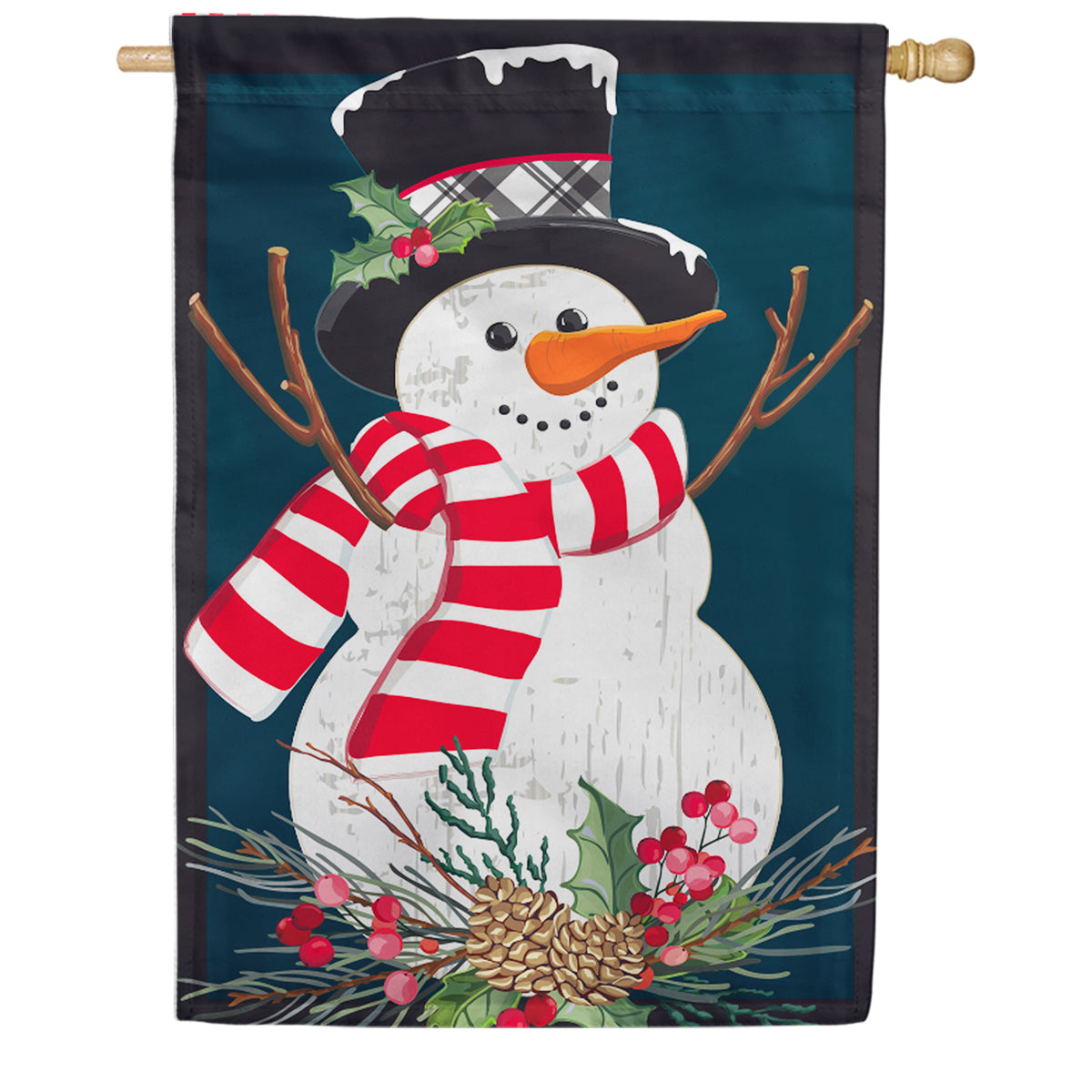 Evergreen Holly Snowman Burlap House Flag