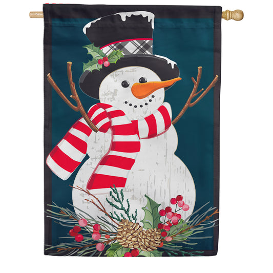 Evergreen Holly Snowman Burlap House Flag