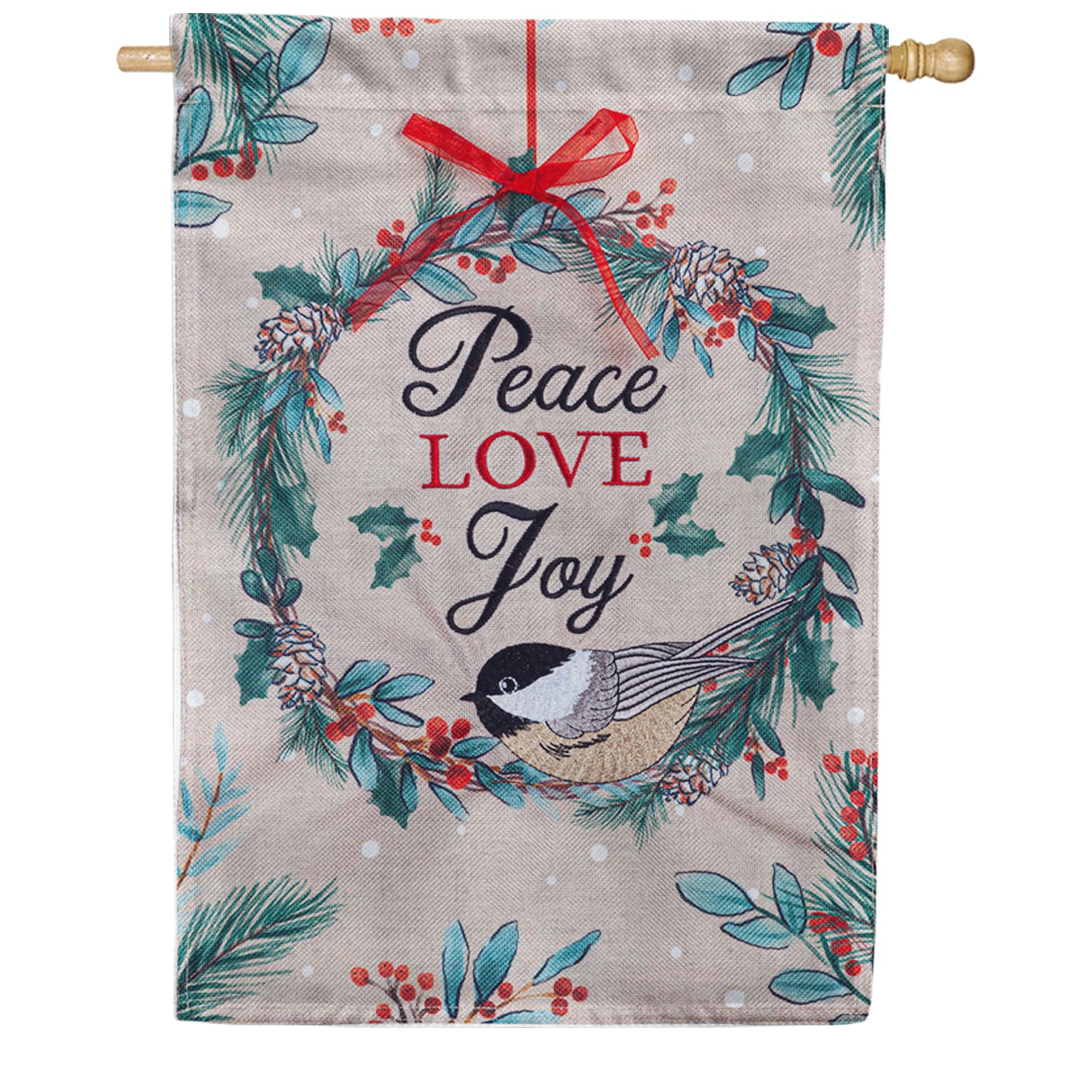 Evergreen Burlap House Flag - Chickadee Wreath