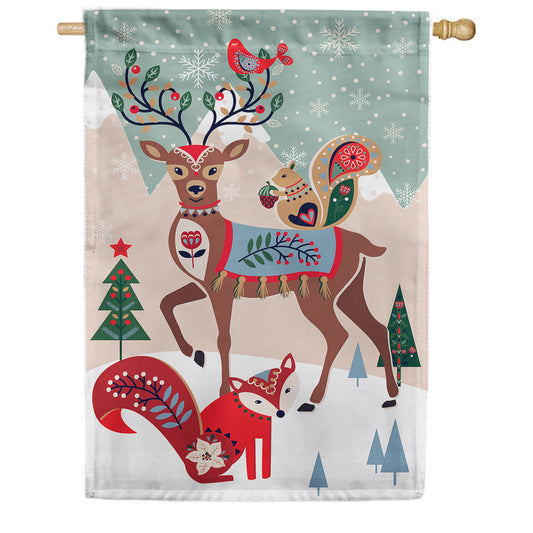 Evergreen Woodland Creatures Burlap House Flag