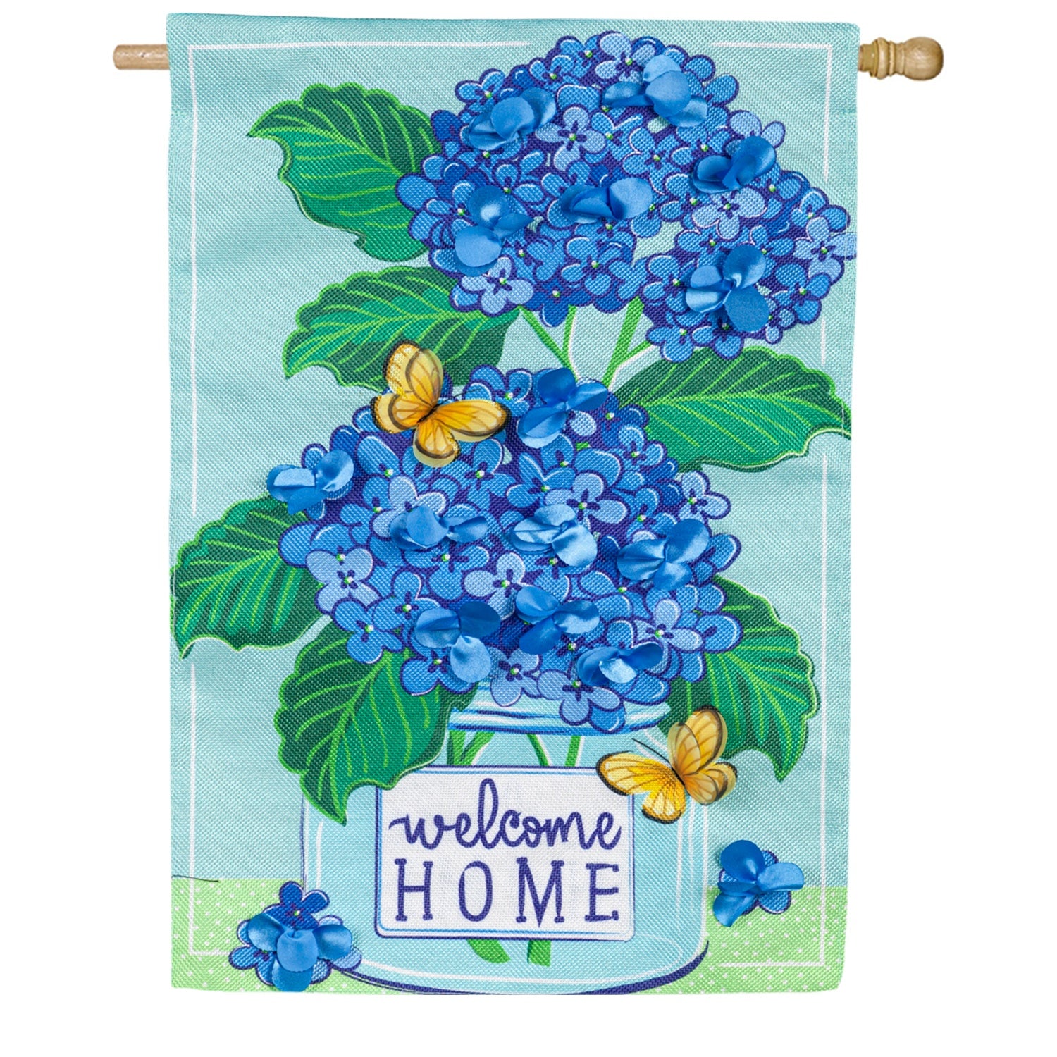 Evergreen Burlap House Flag - Welcome Home Hydrangeas