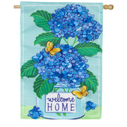 Evergreen Burlap House Flag - Welcome Home Hydrangeas