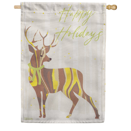 Evergreen Happy Holidays Deer Burlap House Flag