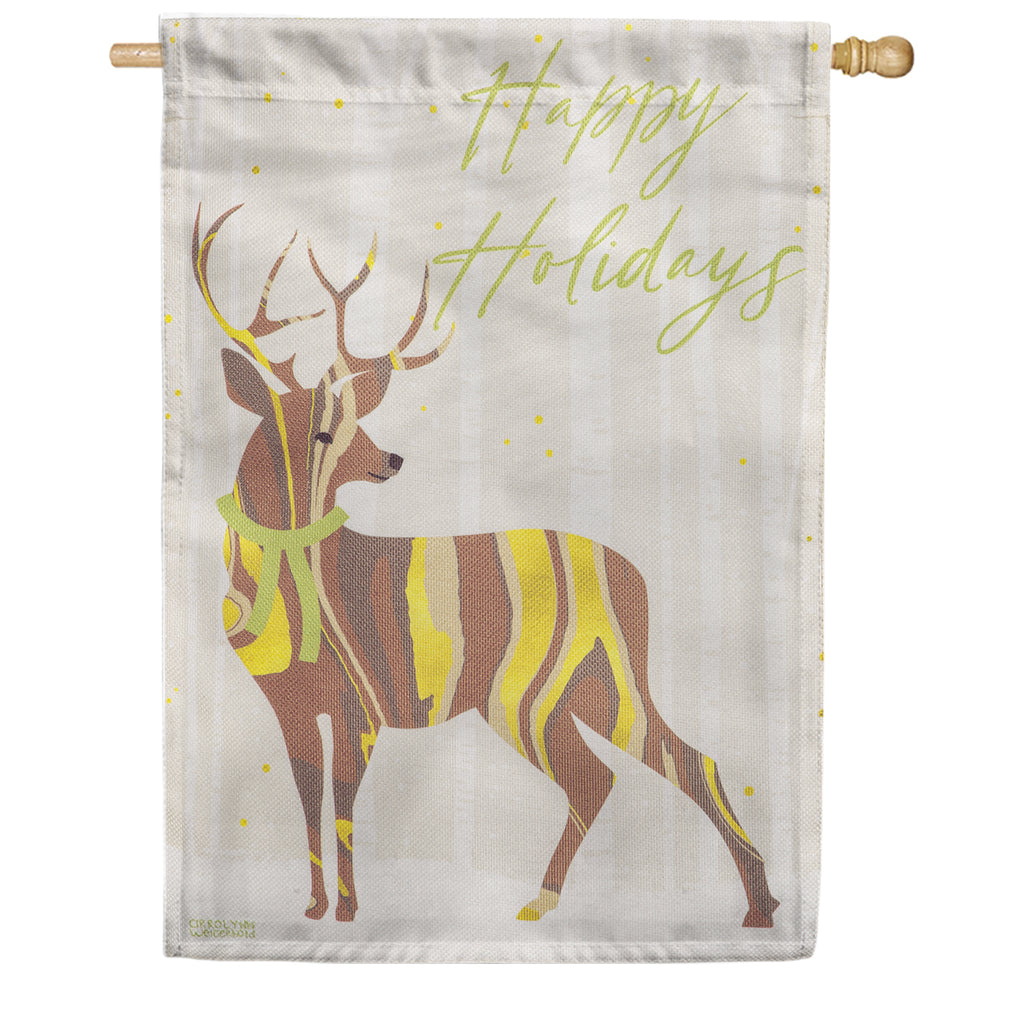 Evergreen Burlap House Flag - Happy Holidays Deer