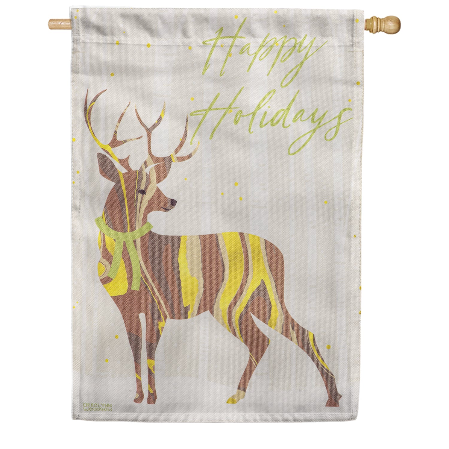 Evergreen Burlap House Flag - Happy Holidays Deer