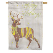 Evergreen Burlap House Flag - Happy Holidays Deer