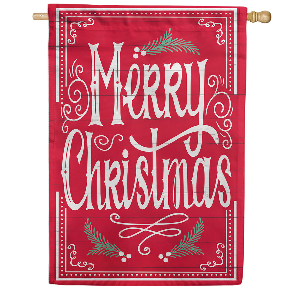 Evergreen Burlap House Flag - Quaint Merry Christmas Sign