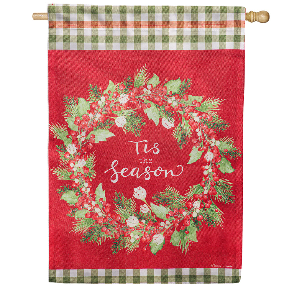 Evergreen Burlap House Flag - Tis the Season Wreath