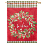 Evergreen Burlap House Flag - Tis the Season Wreath