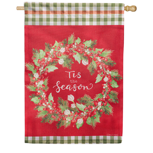 Evergreen Burlap House Flag - Tis the Season Wreath