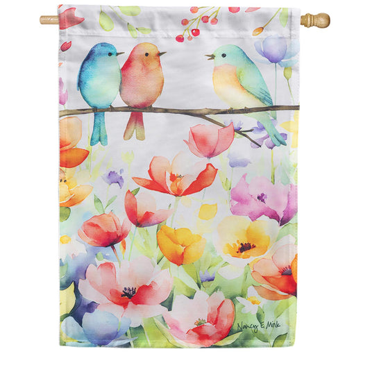 Evergreen Bird Talk Burlap House Flag