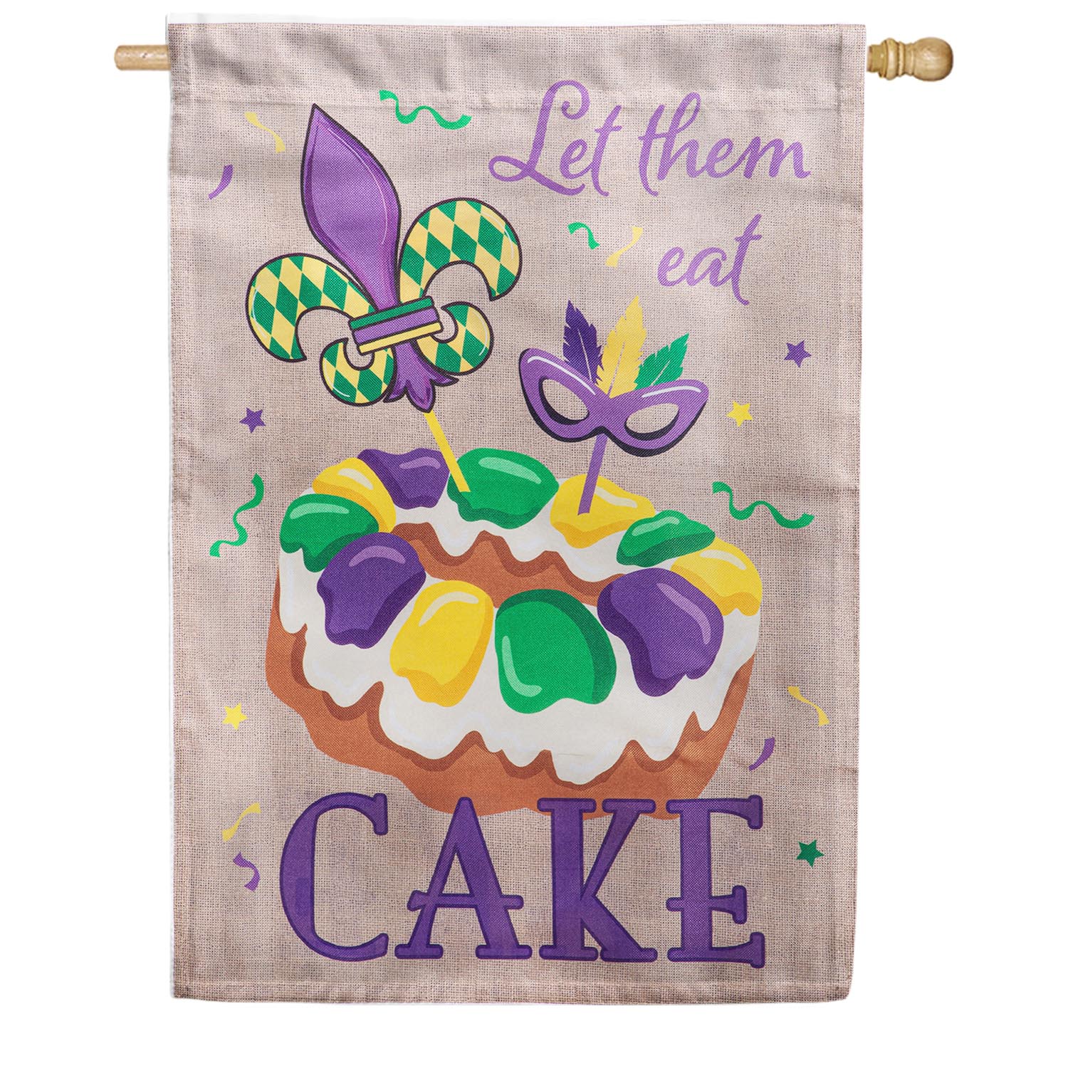Evergreen Burlap House Flag - Mardi Gras Let Them Eat Cake