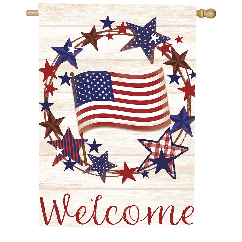 Evergreen Americana Star Wreath Burlap House Flag
