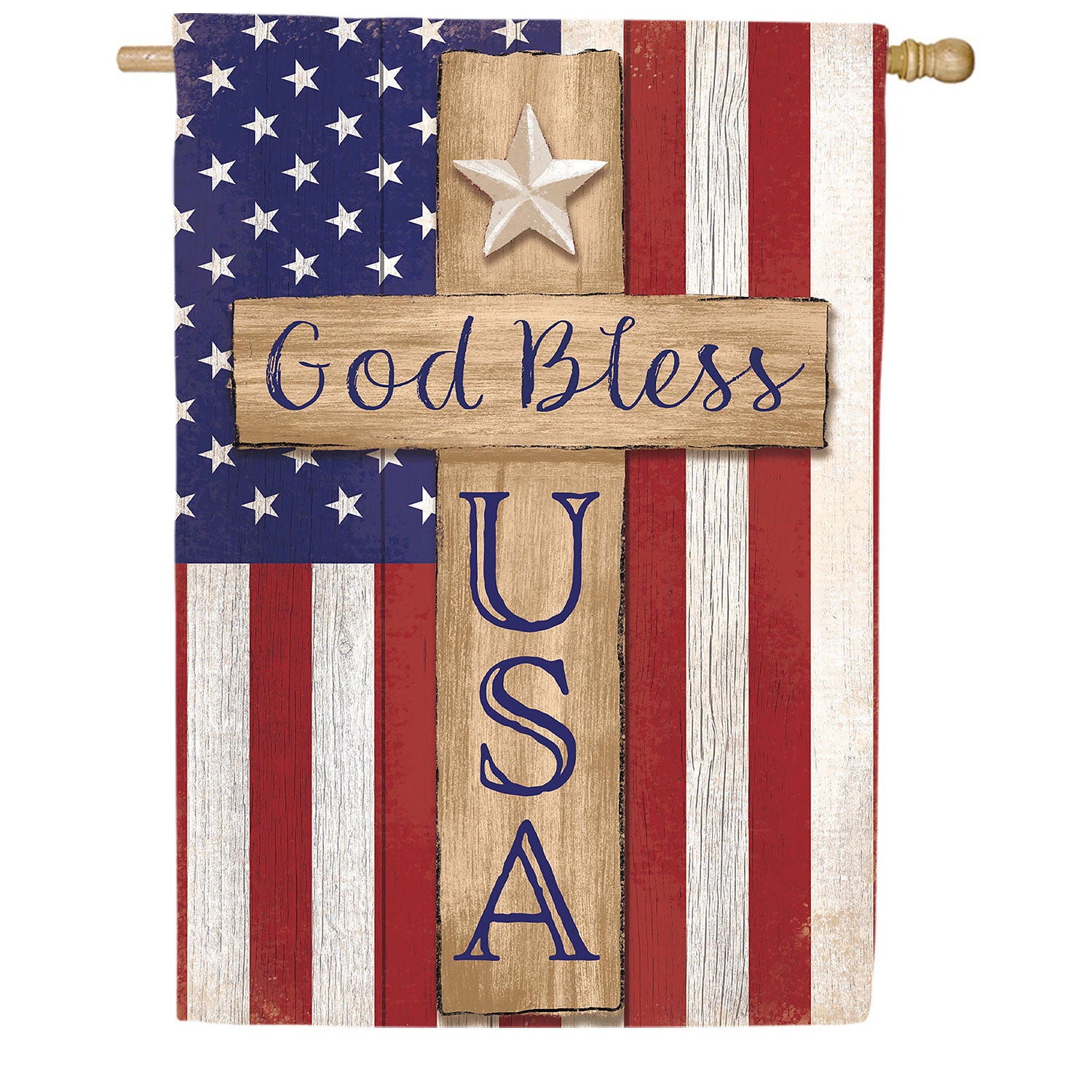 Evergreen Patriotic Cross Burlap House Flag