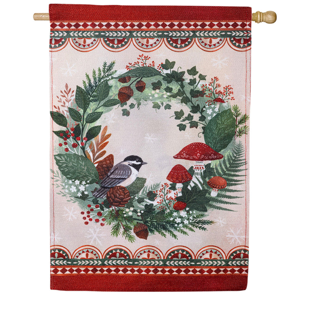 Evergreen Woodland Wreath Burlap House Flag
