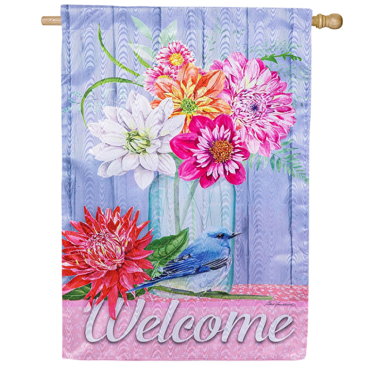 Evergreen Welcome Dahlias and Bluebird Moire House Flag