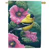 Evergreen Goldfinch on Hollyhocks Suede House Flag