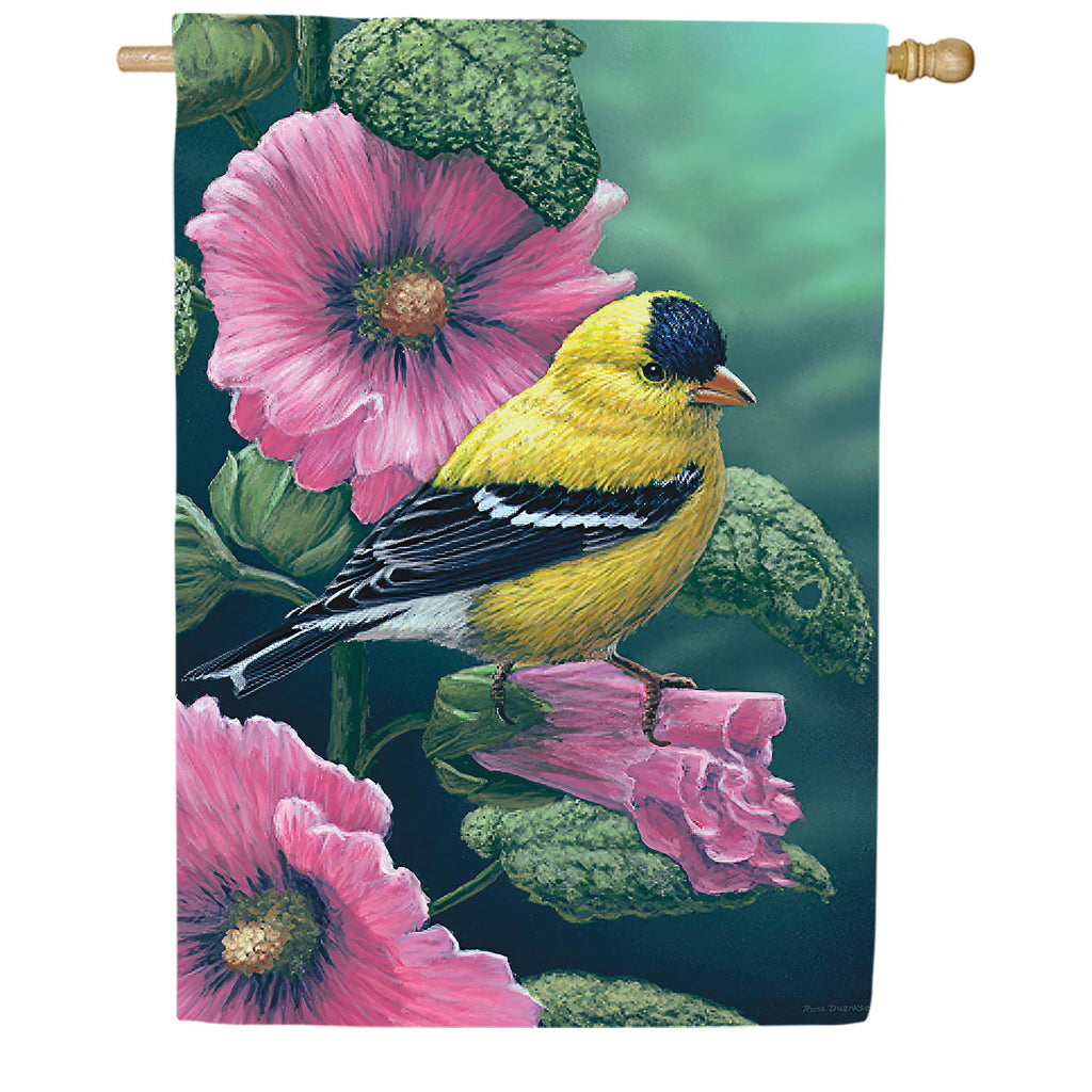 Evergreen Goldfinch on Hollyhocks Suede House Flag
