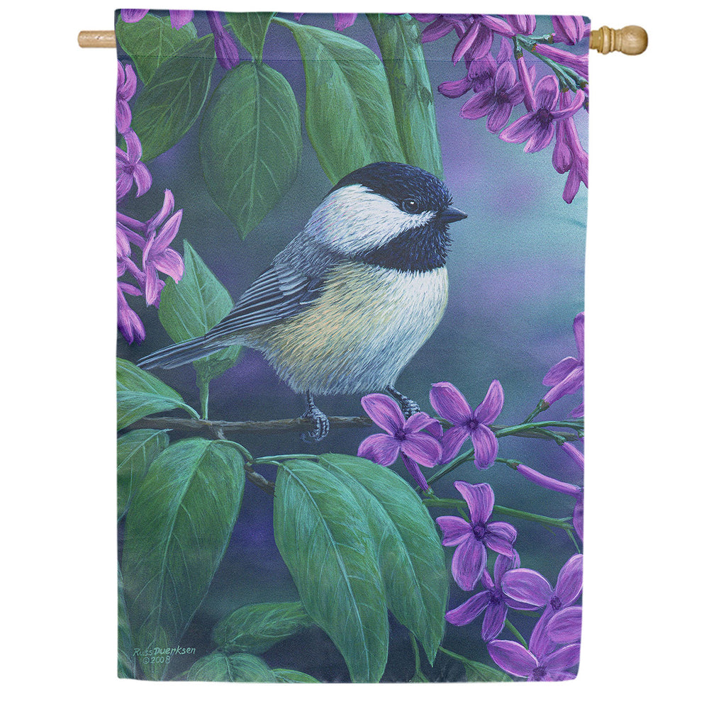 Evergreen Chickadee on Lilac Suede House Flag