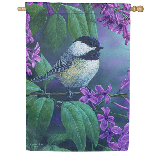 Evergreen Chickadee on Lilac Suede House Flag