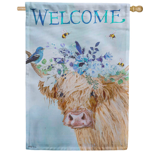 Evergreen Floral Crown Highland Cow Welcome Double Sided House Flag
