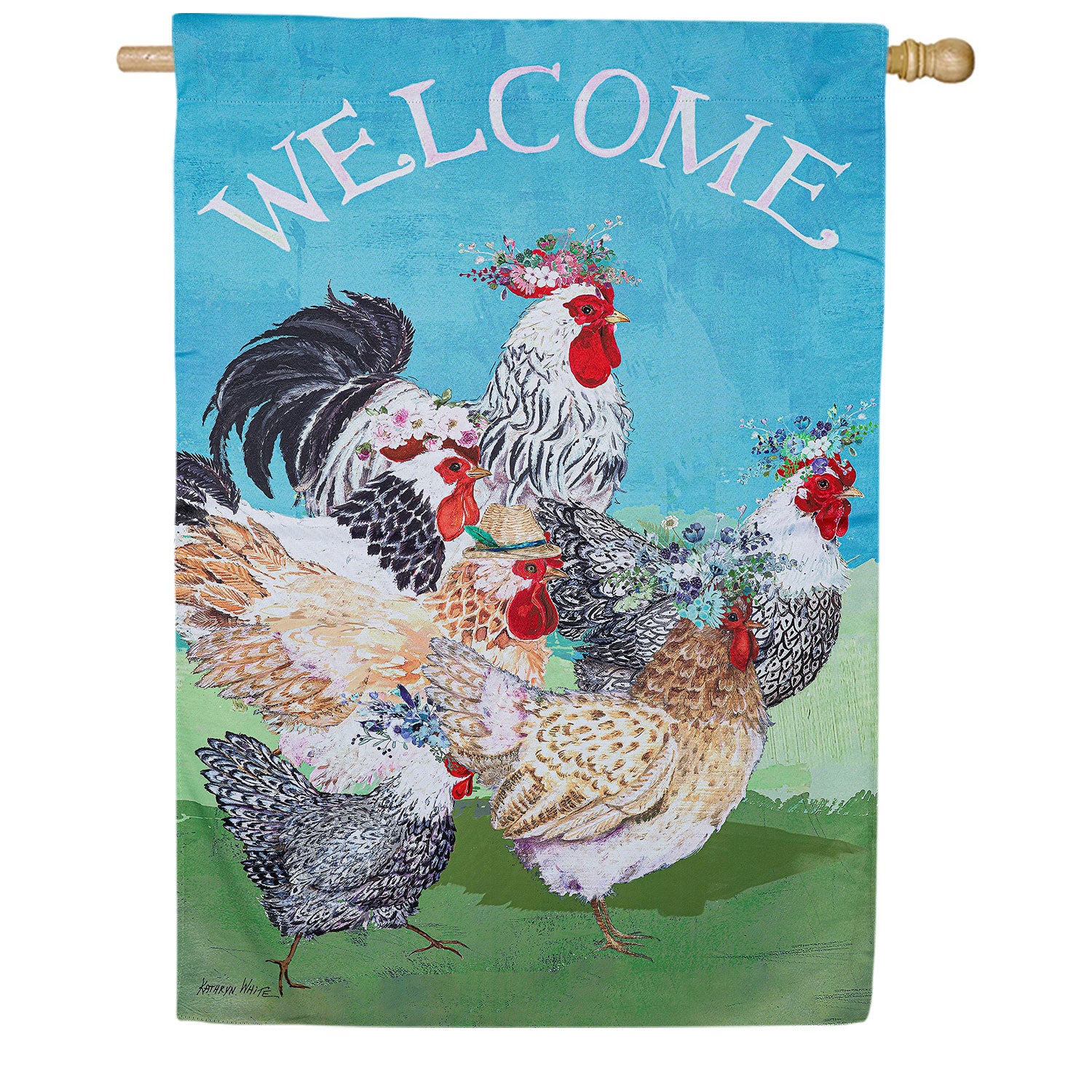Evergreen Floral Chickens Suede House Flag