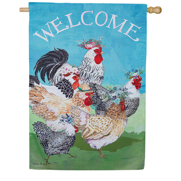 Evergreen Floral Chickens Suede House Flag